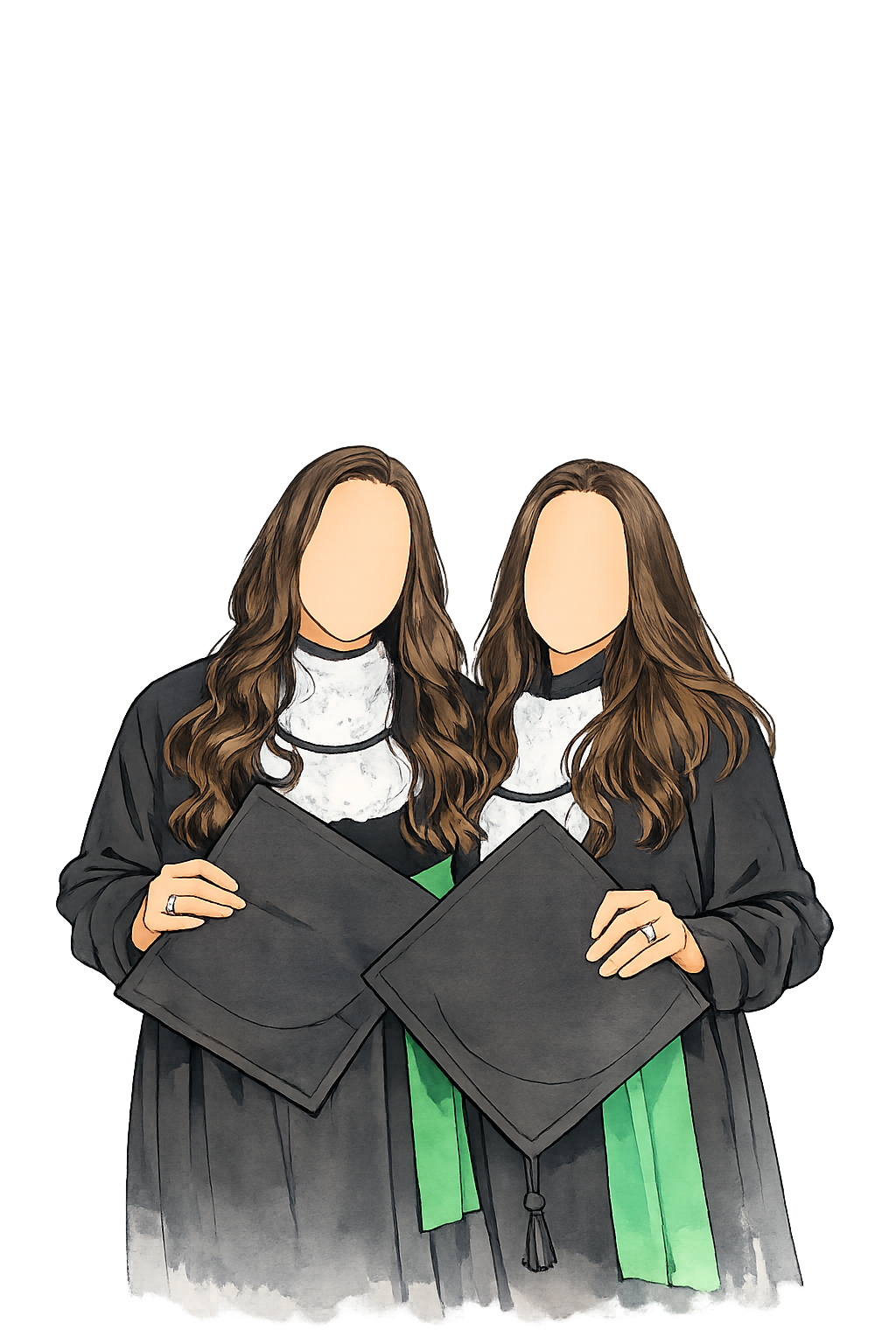 Ilustração de Gabrielle e Grazielle com becas de formatura